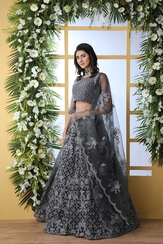 Grey Net Fabric Thread Embroidered Lehenga Choli