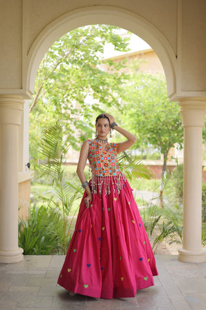 Model Twirling In Rani Pink Cora Cotton Heart Thread Embroidery Navratri Lehenga Choli Set By The Beauty Queen