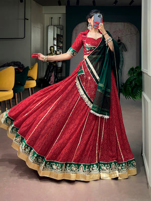 Model wearing Brick Red & Bottle Green Georgette Fabric With Bandhej Foil Print, Embossed Design Lace Navratri Chaniya Choli Set by The Beauty Queen
