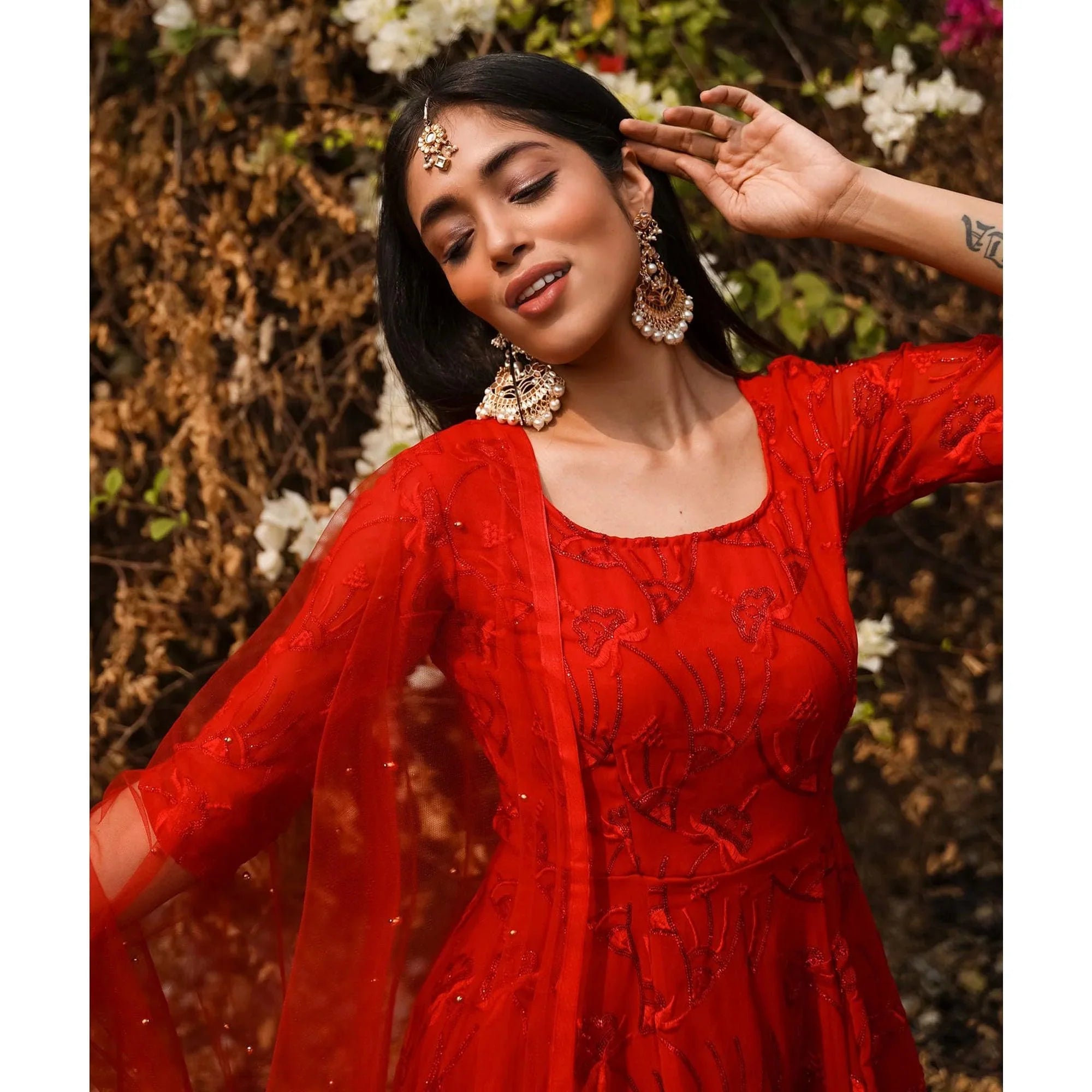 Red Sequins Floral Embroidered Georgette Anarkali Style Gown