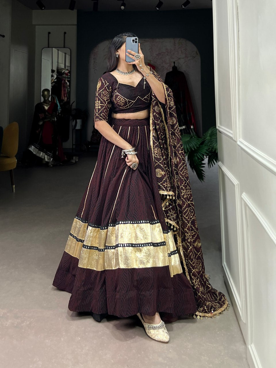 Coffee Bandhej Print And Embossed Design Paper Mirror Lace Navratri Lehenga Choli