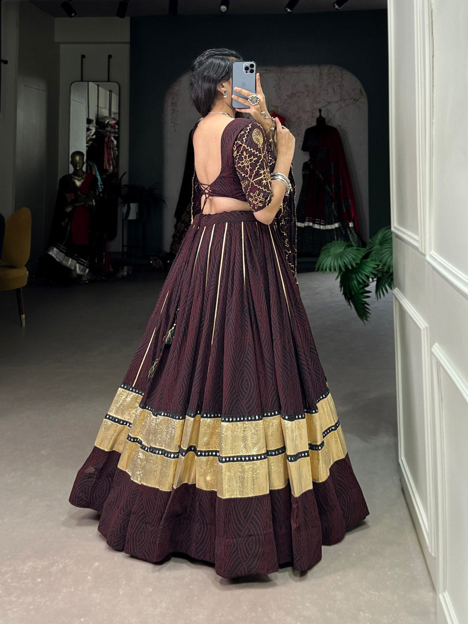 Coffee Bandhej Print And Embossed Design Paper Mirror Lace Navratri Lehenga Choli