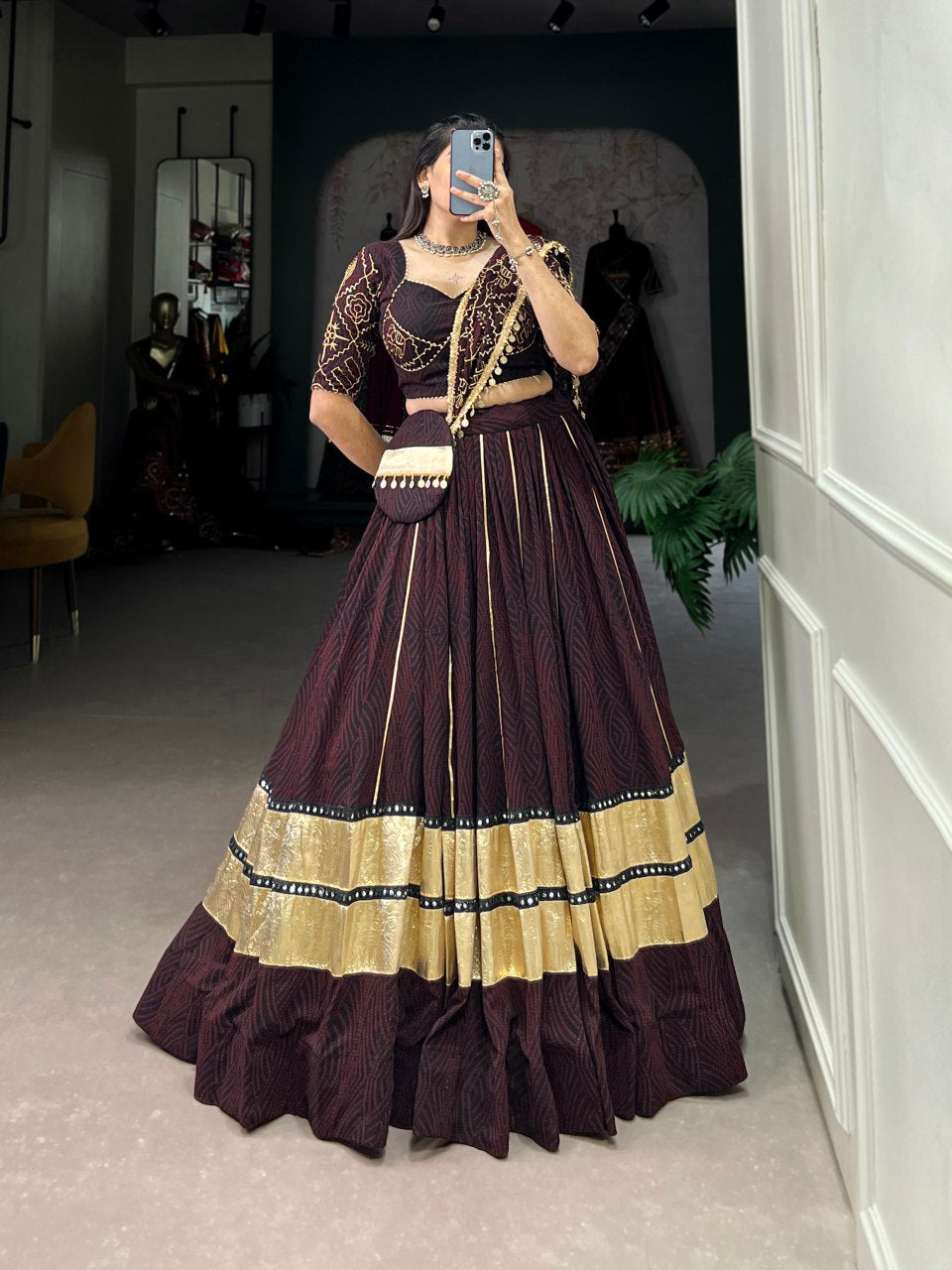 Coffee Bandhej Print And Embossed Design Paper Mirror Lace Navratri Lehenga Choli