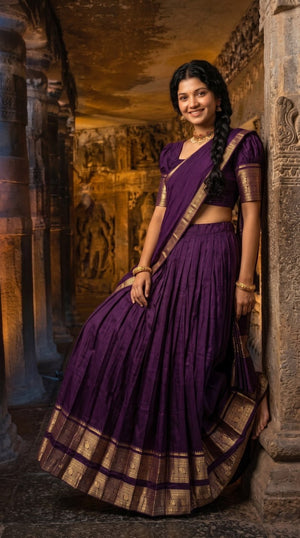 Royal Purple Kanci Cotton Zari Weaving Work South Indian Half Saree Langa Voni Set flat lay view by The Beauty Queen