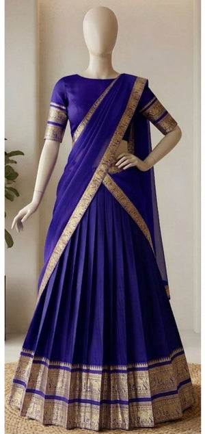 Royal Purple Monochrome Kanci Cotton Zari Weaving Work South Indian Half Saree Langa Voni Set flat lay view by The Beauty Queen