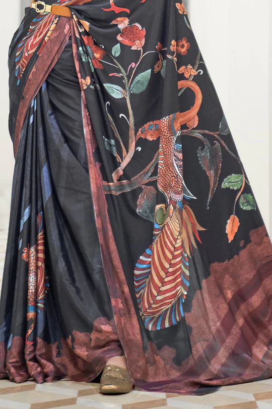 Black Partywear Floral Digital Printed Silk Saree