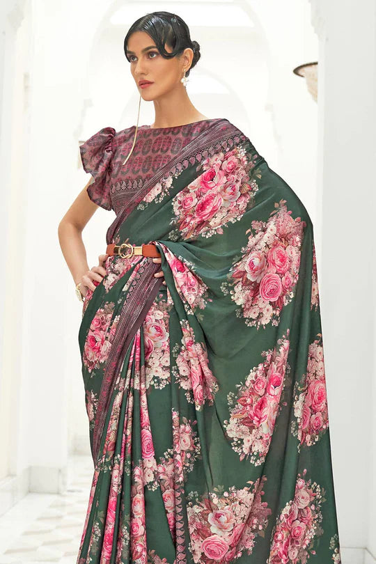 Dark Green Partywear Floral Digital Printed Silk Saree