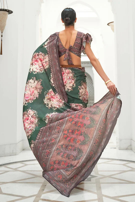 Dark Green Partywear Floral Digital Printed Silk Saree