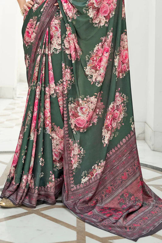 Dark Green Partywear Floral Digital Printed Silk Saree