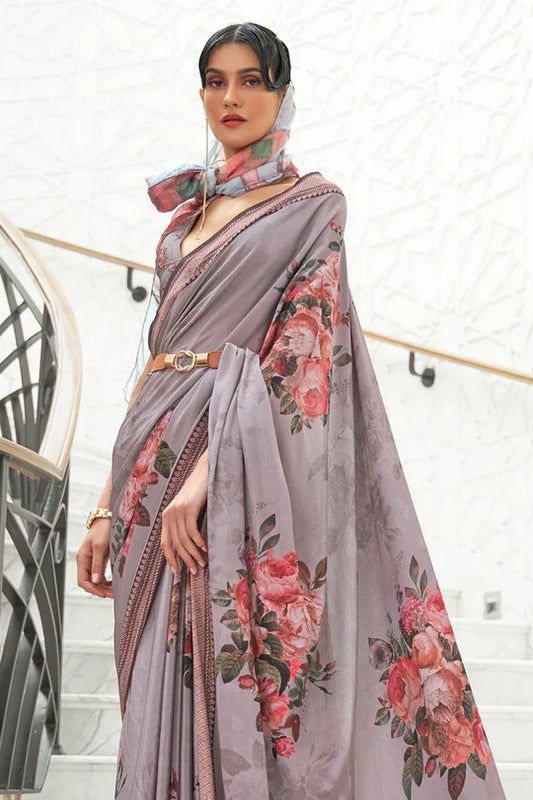 Grey Partywear Floral Digital Printed Silk Saree