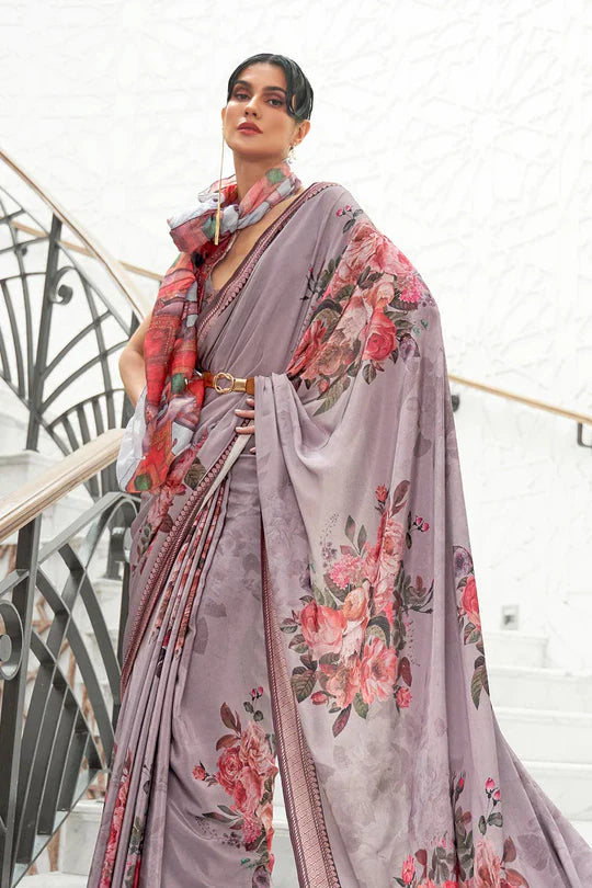 Grey Partywear Floral Digital Printed Silk Saree