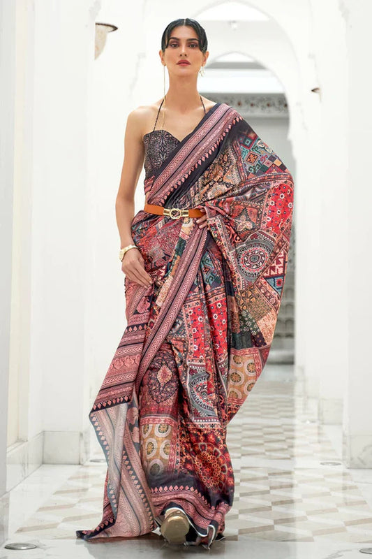 Multicoloured Partywear Floral Digital Printed Silk Saree