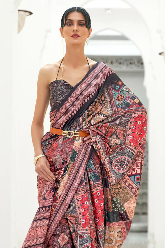 Multicoloured Partywear Floral Digital Printed Silk Saree