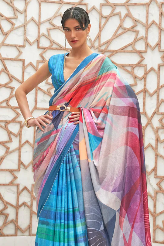 Vivid Blue Partywear Floral Digital Printed Silk Saree