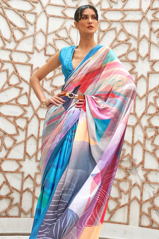 Vivid Blue Partywear Floral Digital Printed Silk Saree