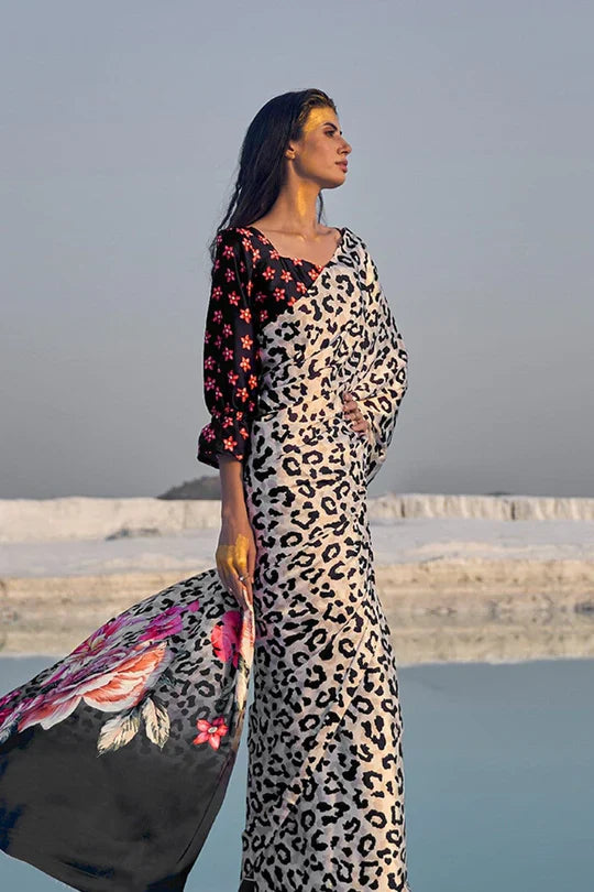 Black And White Multy Color Animal Print Pure Sattin Crepe Saree And Digital Print Blouse