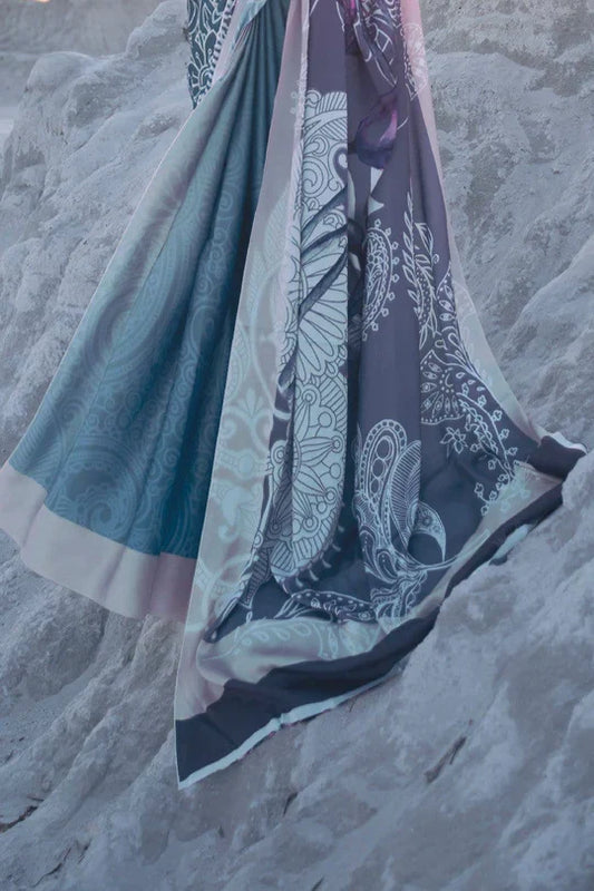 Bluish And Greyish Multy Design Pure Sattin Crepe Saree And Digital Print Blouse