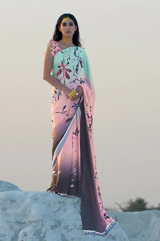 Pastel Blue And Pink Color Polka Dot Pure Sattin Crepe Saree And Digital Print Blouse