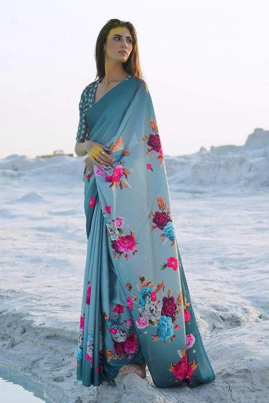 Rama Color Polka Dot Pure Sattin Crepe Saree And Digital Print Blouse