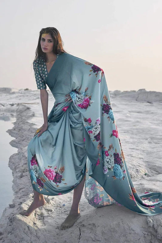 Rama Color Polka Dot Pure Sattin Crepe Saree And Digital Print Blouse