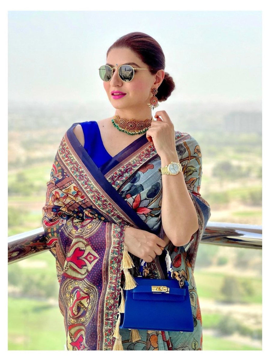 Sky Blue Color Cotton Kalamkari Printed Saree