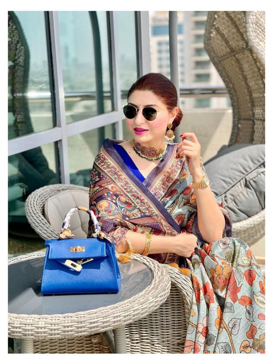 Sky Blue Color Cotton Kalamkari Printed Saree