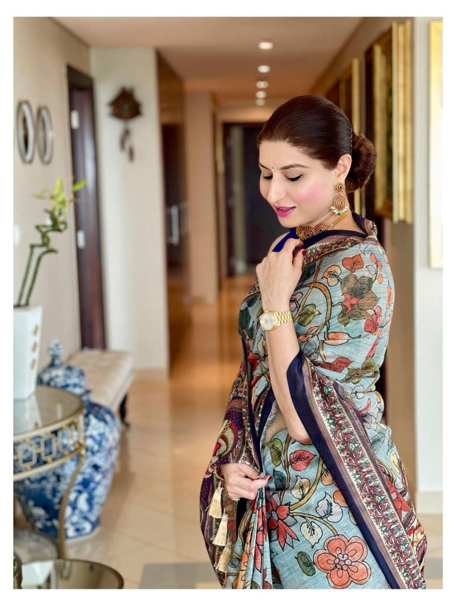 Sky Blue Color Cotton Kalamkari Printed Saree