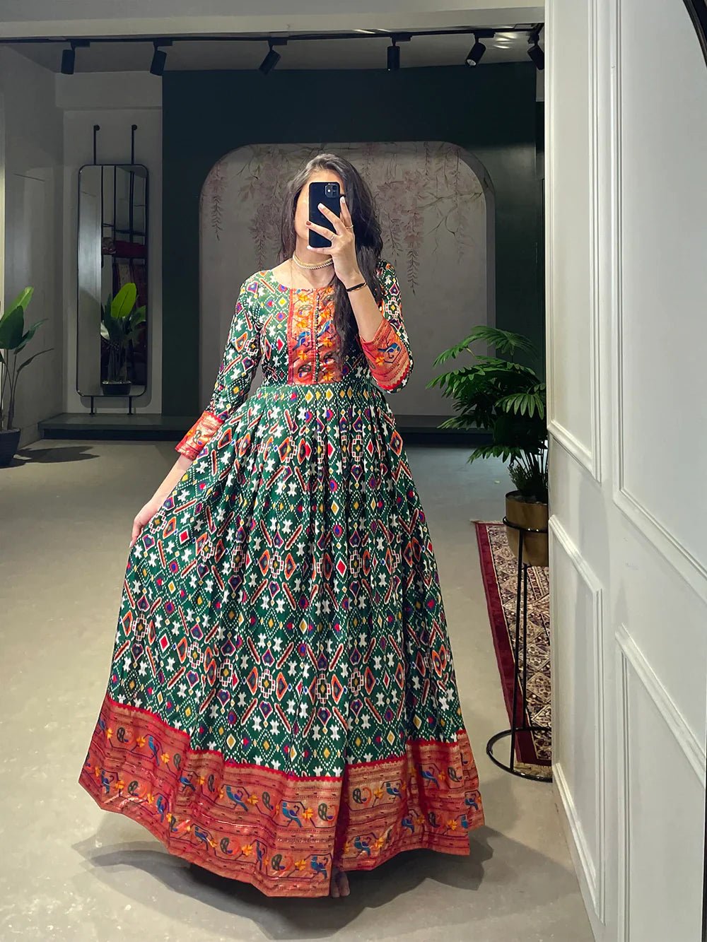 Green Color Patola Paithani Printed And Foil Printed Silk Gown The Beauty Queen Green Color Patola Paithani Printed And Foil Printed Silk Gown The Beauty Queen
