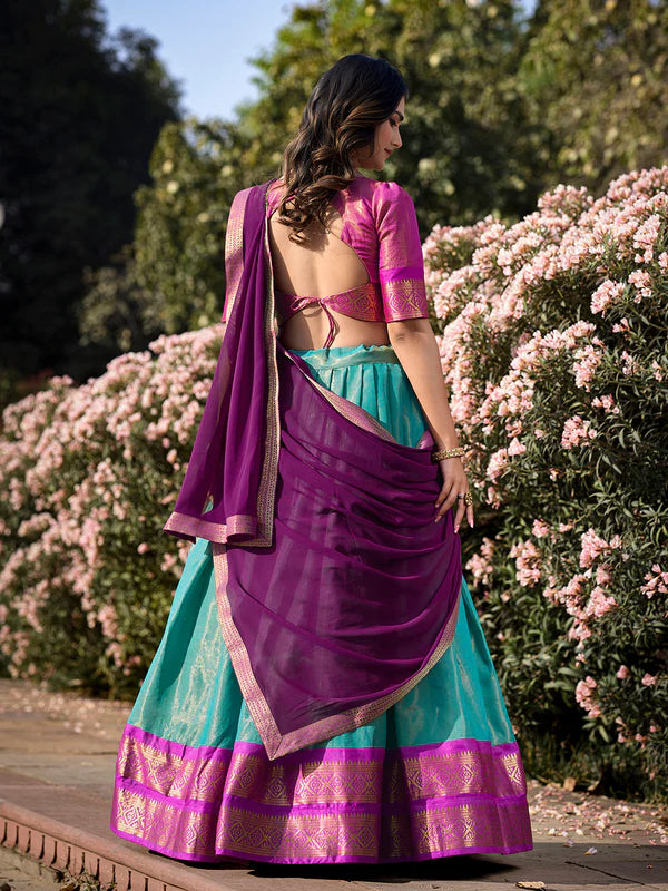 Sky Blue Kanchipuram Silk Lehenga Choli – Traditional Zari Weaving Work South Indian Set