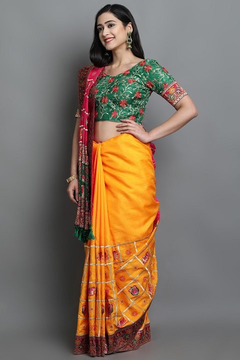 Patola Silk Saree | Yellow, Pink, Green Panetar Wedding Saree | Doli Design Saree