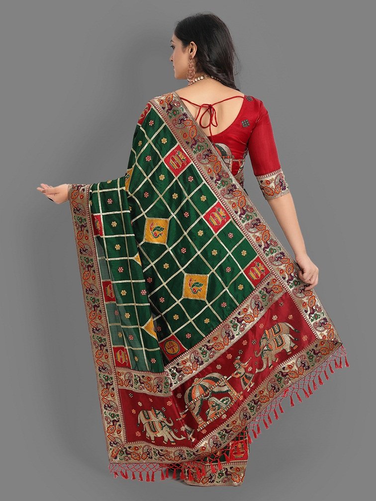 Dark Green And Maroon Panetar Patola Silk Wedding Saree