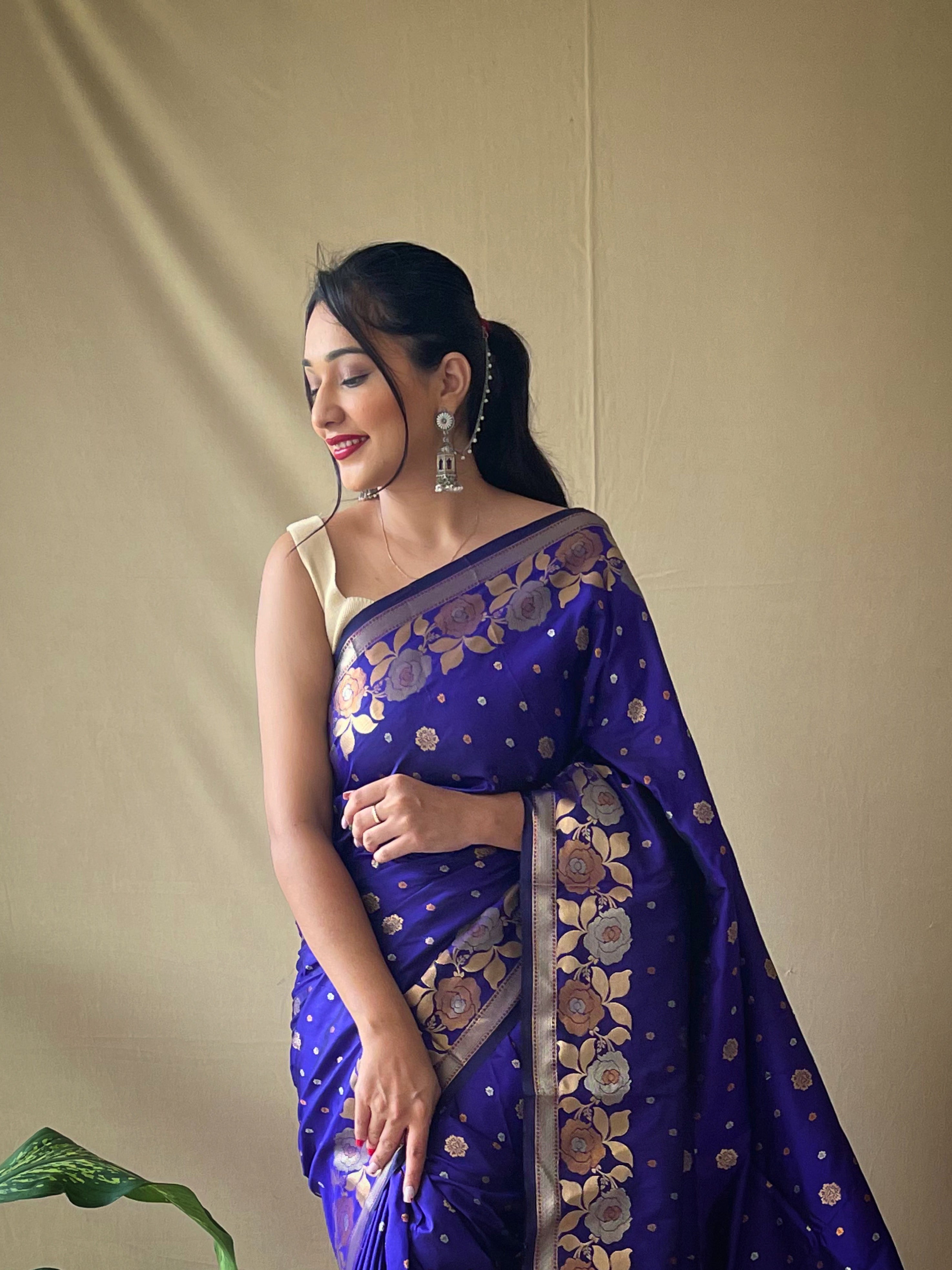 Voilet Soft Silk Gold Zari Weaving All Over Having Rich Weaving Saree