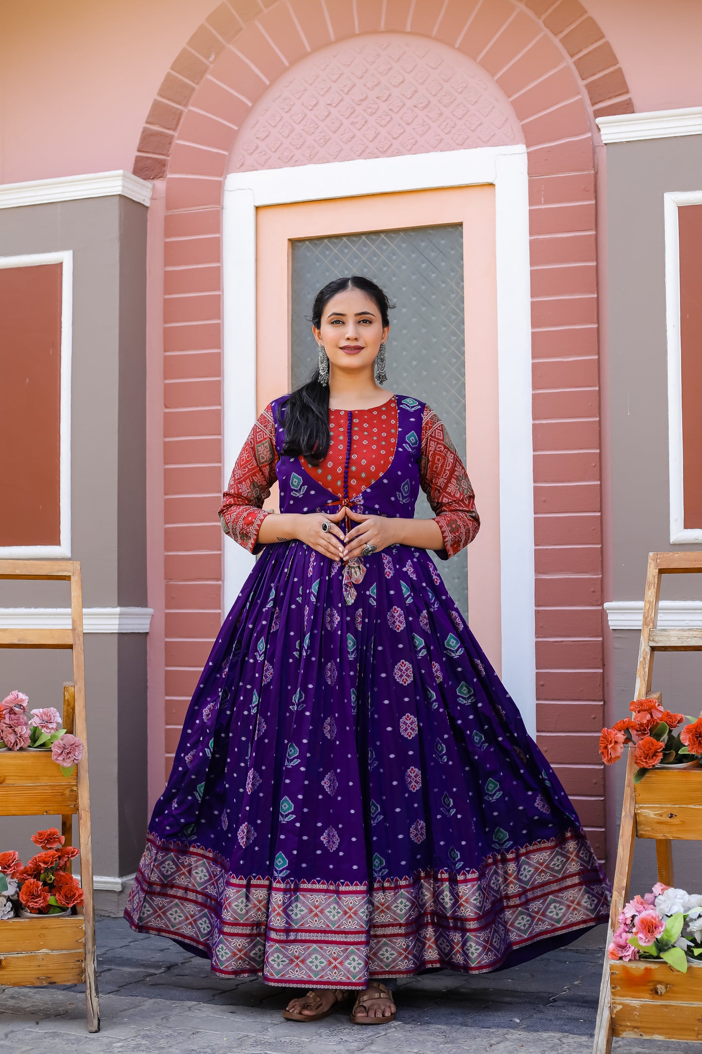 Violet Traditional Flared With Gold Zari Weaving Readymade Gown