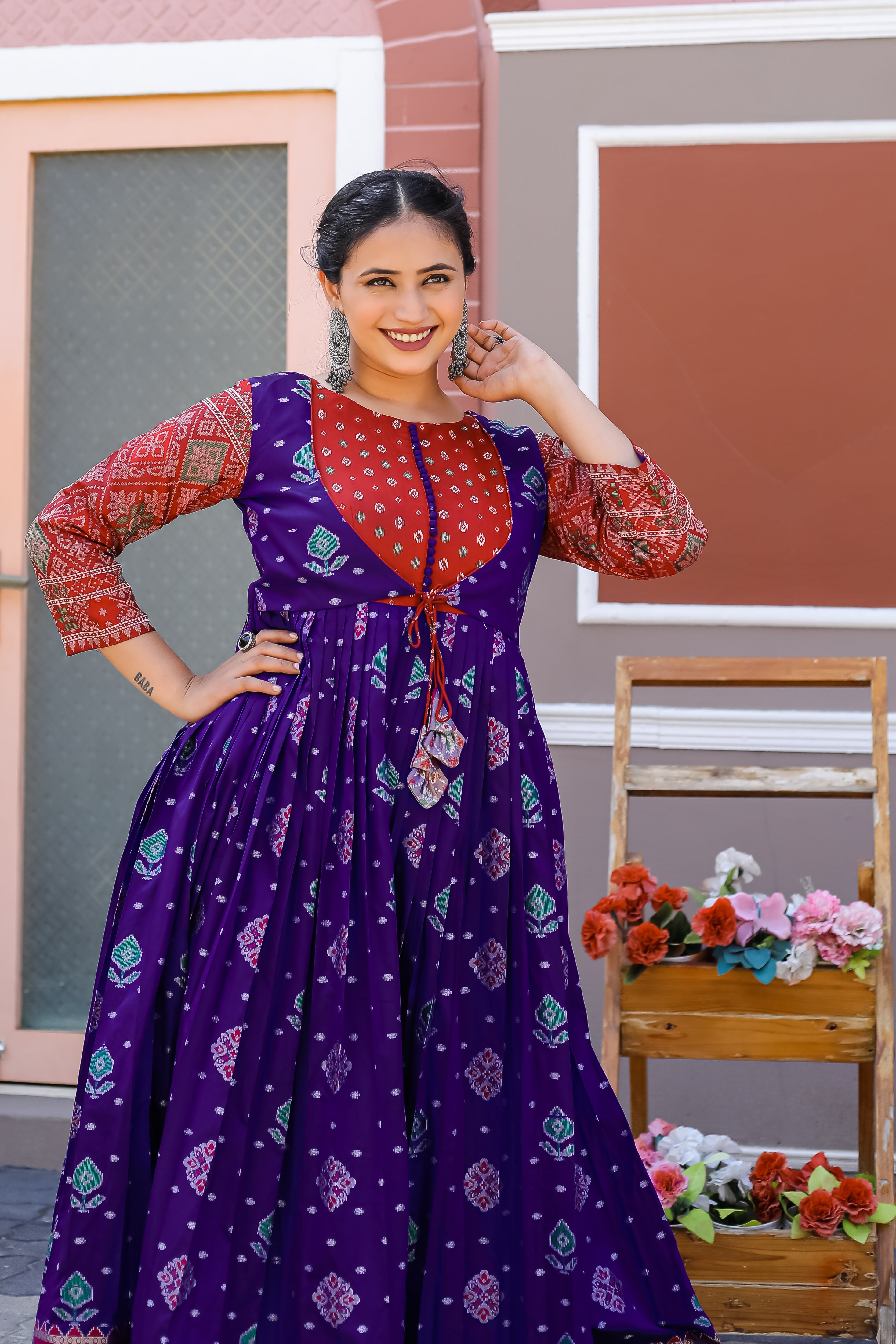 Violet Traditional Flared With Gold Zari Weaving Readymade Gown