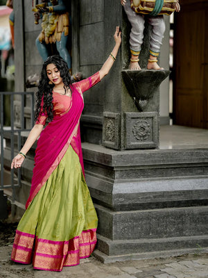Pista Green Kanchipuram Silk Lehenga Choli with Traditional Gold Zari Weaving Work by The Beauty Queen Surat