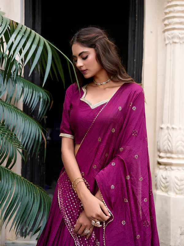Wine Color Chanderi Lehenga Choli with Zari Weaving Work – Designer Festive & Wedding Wear Lehenga