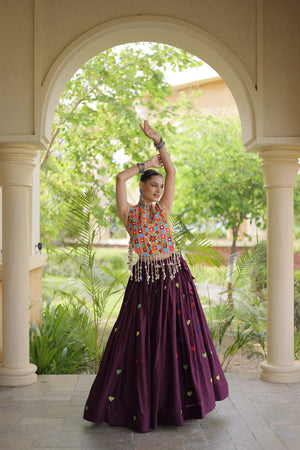 Model Twirling In Wine Purple Cora Cotton Heart Thread Embroidery Navratri Lehenga Choli Set By The Beauty Queen
