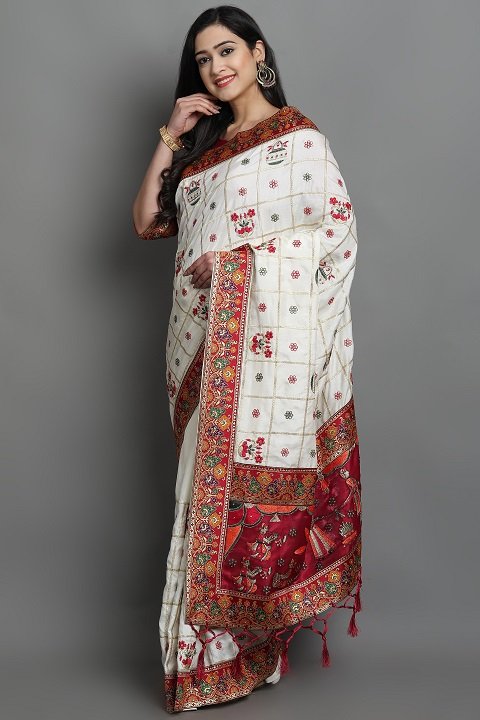 Patola Silk Saree | White, Red Panetar Wedding Saree | Doli Design Saree