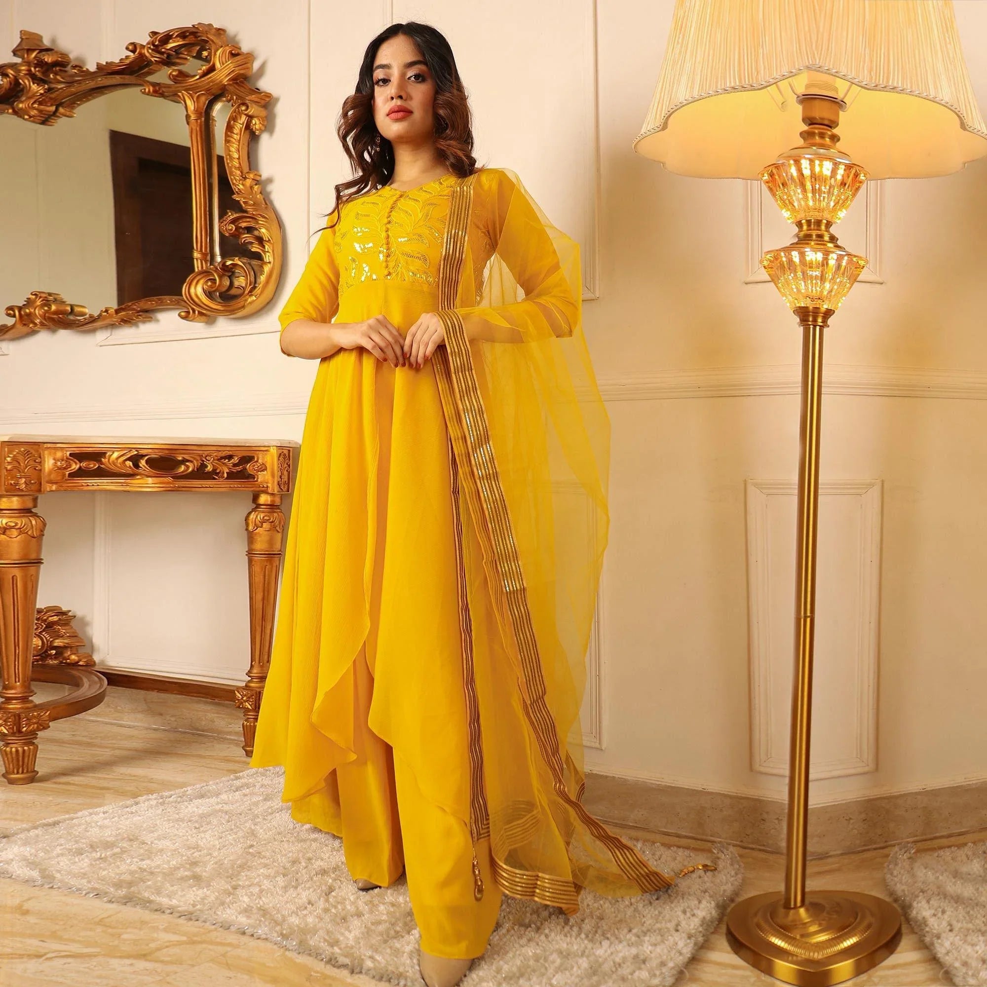 Yellow Sequins Embroidered Chiffon Palazzo Suit