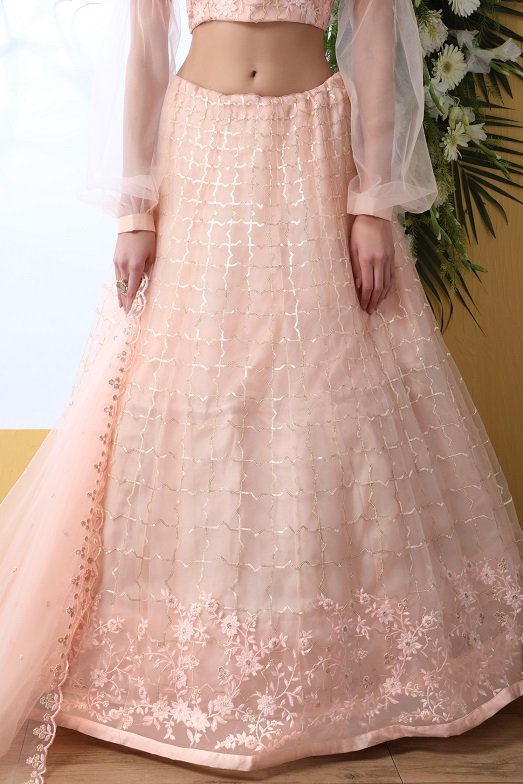 Peach net thread embroidered wedding lehenga choli