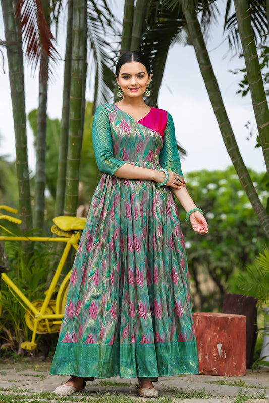 Green V Neck Soft Silk Copper Banarasi  Weaving Gown