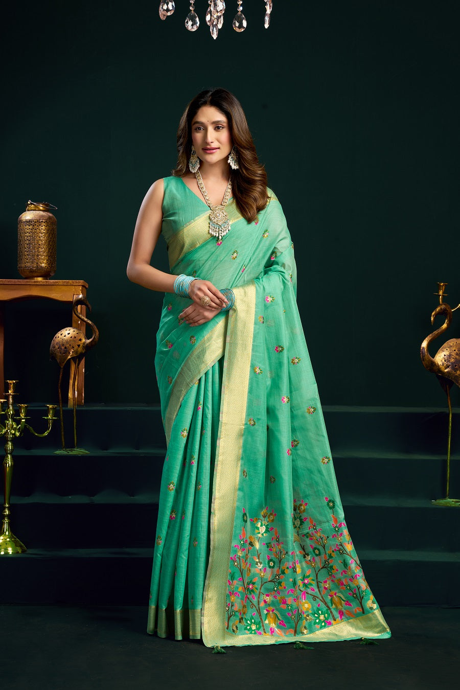 Sea Green Fancy Work Cotton Classic Designer Saree – Elegant Daily Wear & Festive Saree