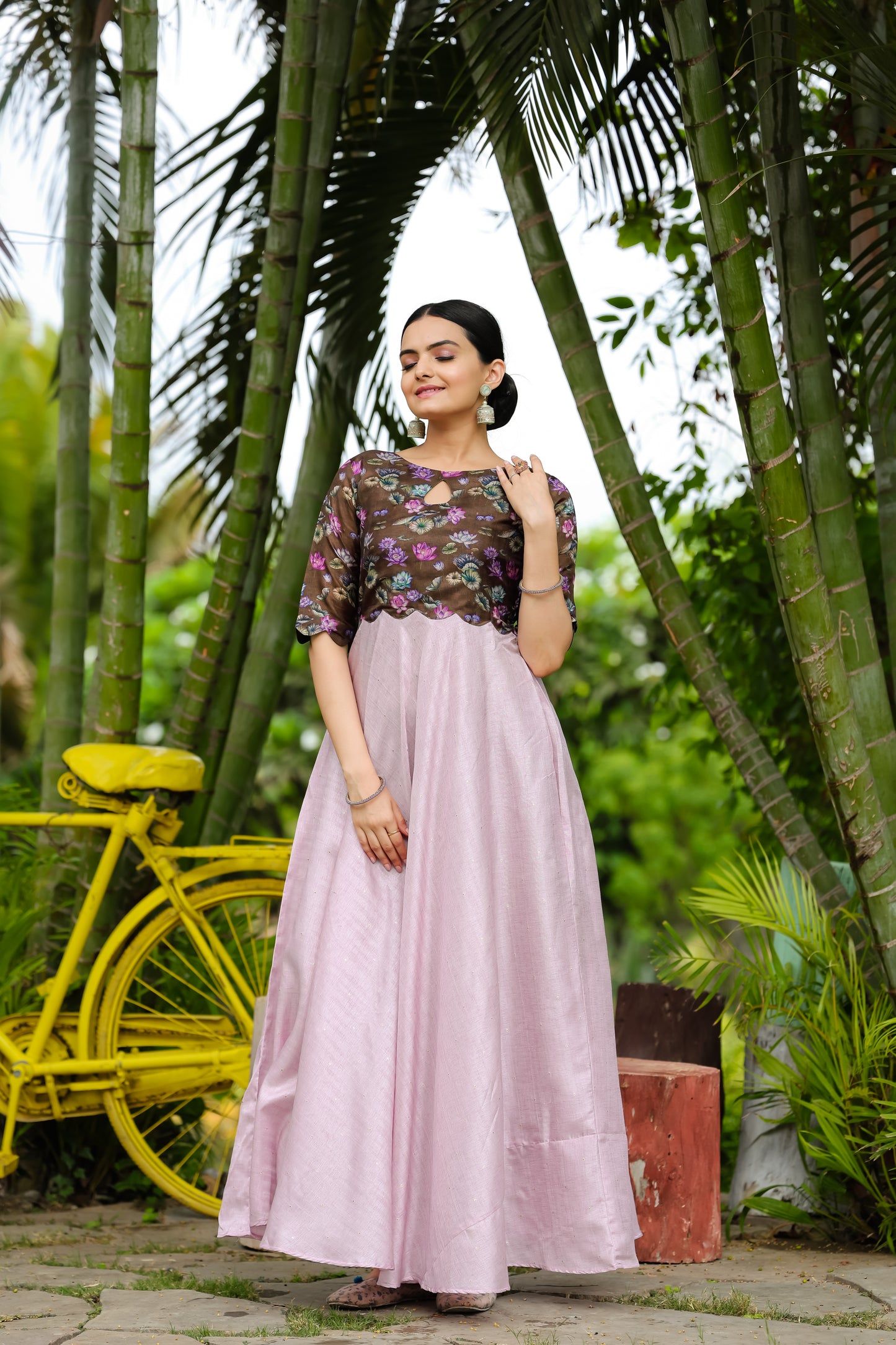 Lavender Tussar Satin Butti Modern And Ethnic Boat Neck Gown