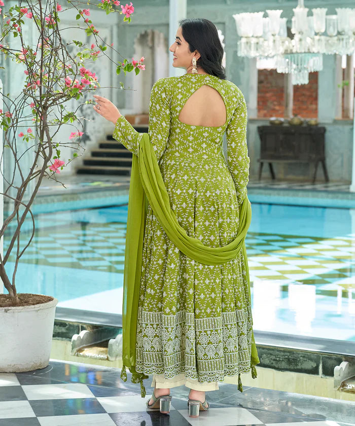 Green Sequence Lakhnavi Chikankari Embroidery Suit Set