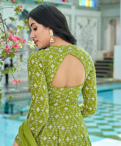 Green Sequence Lakhnavi Chikankari Embroidery Suit Set