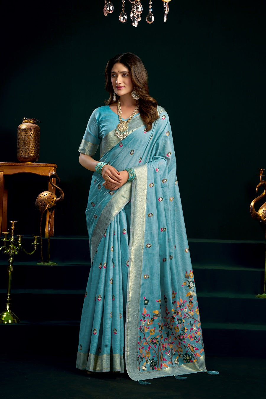 Aqua Blue Fancy Work Cotton Classic Designer Saree – Elegant Daily Wear & Festive Saree