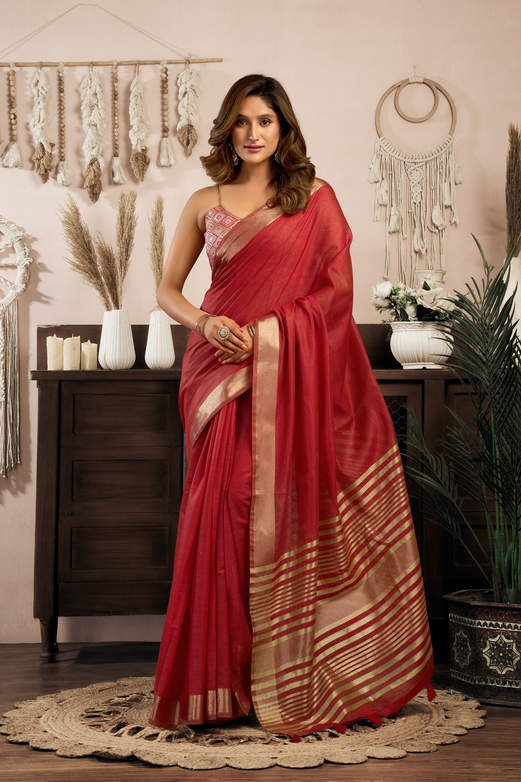 Red Khadi Cotton Saree with Brocade Blouse and Zhallar Detail by The Beauty Queen Surat