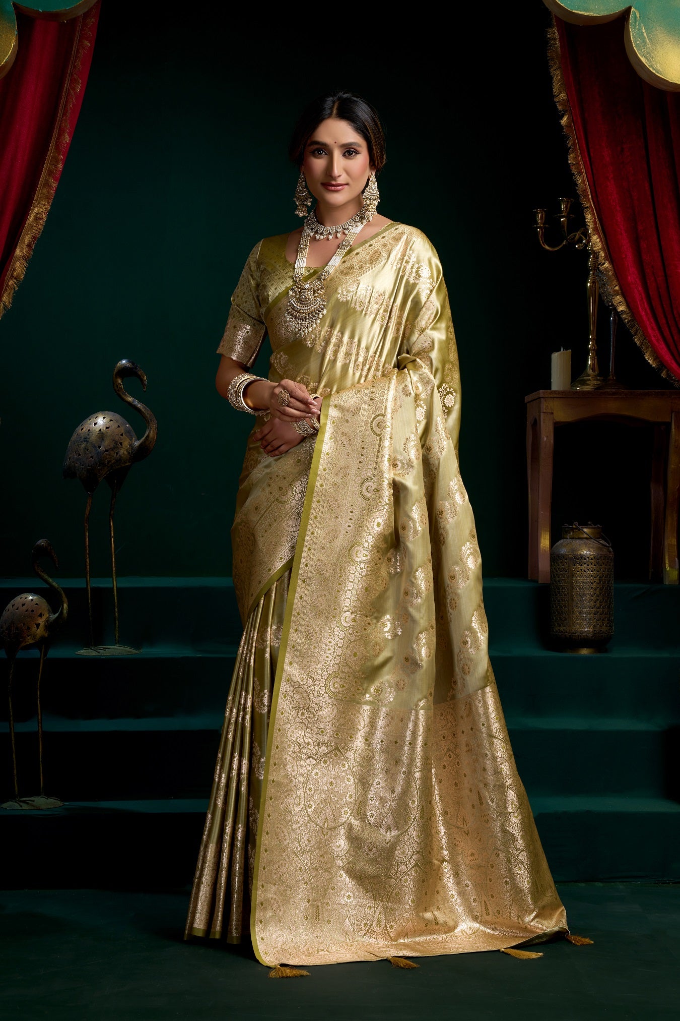 Olive Green Silk Blend Woven Saree – Elegant Designer Wedding & Festive Wear Saree for Women