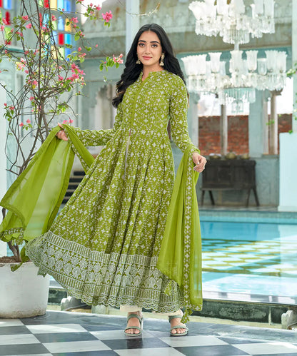 Green Sequence Lakhnavi Chikankari Embroidery Suit Set