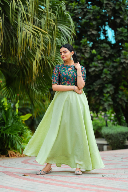 Pista Tussar Satin Butti Modern And Ethnic Boat Neck Gown